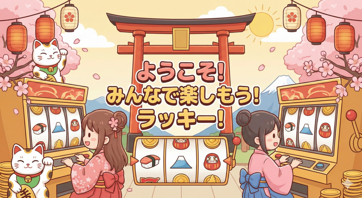 桜と招き猫が描かれた、親しみやすい日本風オンラインスロットサイトのトップ画像。初心者にもおすすめのパチスロ風デザイン。