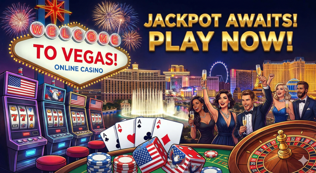 Exciting online casino banner ad with a Las Vegas night skyline and fireworks. It features a "WELCOME TO VEGAS! ONLINE CASINO" sign, text that reads "JACKPOT AWAITS! PLAY NOW!", and American flag-themed slot machines, dice, roulette, and happy people celebrating wins.